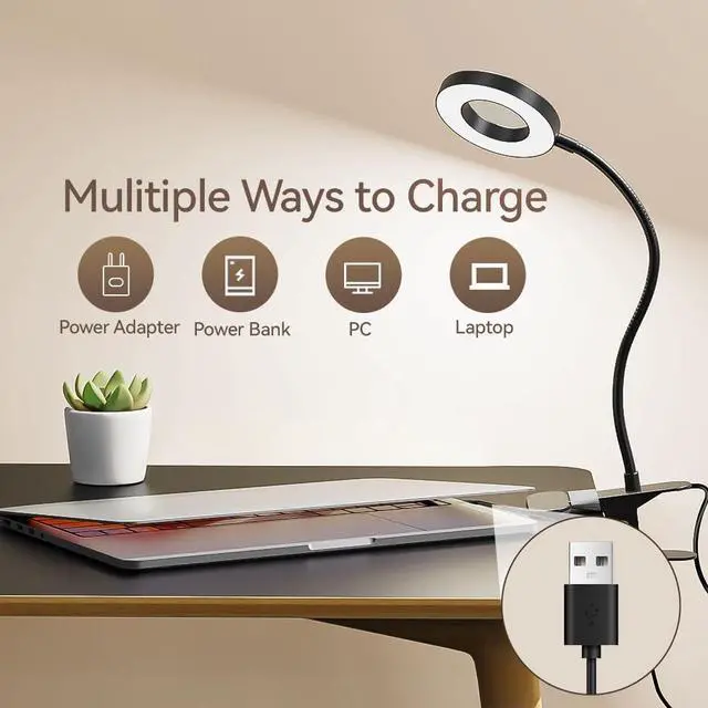 Alt view image 3 of 7 - LED Desk Lamp Clip on Light with 3 Color Modes 10 Brightness Ring/Clamp Light 360° Adjustable Neck Dimmable Eye Protection Desk Lamps for Home Office