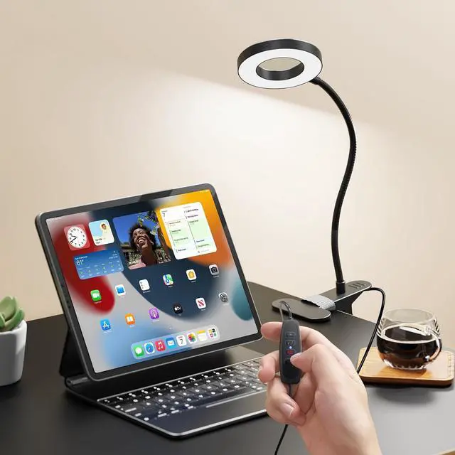 Alt view image 7 of 7 - LED Desk Lamp Clip on Light with 3 Color Modes 10 Brightness Ring/Clamp Light 360° Adjustable Neck Dimmable Eye Protection Desk Lamps for Home Office