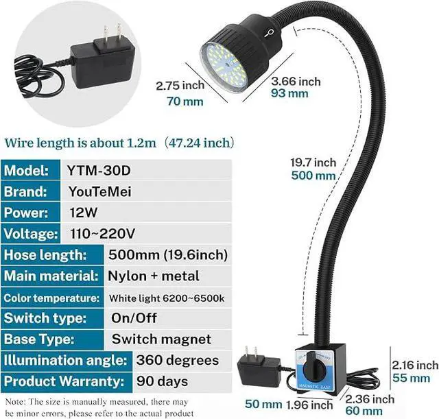 Alt view image 6 of 7 - Lathe Led Work Light Magnetic Gooseneck Lamp Mechanic Light Sewing Machine Lights IP66 Waterproof 1200 Lumens (ytm-30d-magnetic)