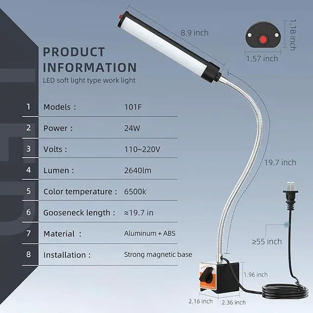 Alt view image 4 of 6 - 24W LED Magnetic Work Light, 2400 Lumen Flexible Gooseneck Work Light with Adjustable Magnetic Base, Industrial Light for Lathe CNC Milling Drillpress Sewing Machine
