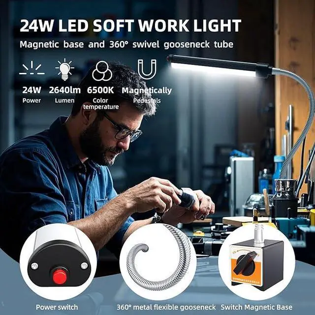 Alt view image 6 of 6 - 24W LED Magnetic Work Light, 2400 Lumen Flexible Gooseneck Work Light with Adjustable Magnetic Base, Industrial Light for Lathe CNC Milling Drillpress Sewing Machine