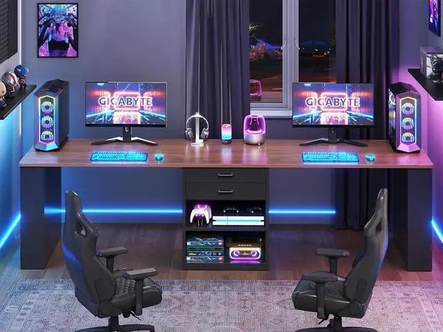 Alt view image 7 of 7 - 90.5" 2 Person Computer Desk, Long Office Desk with Storage Drawers, Two Person Gaming Desk Writing Table with Storage for Home Office, Black