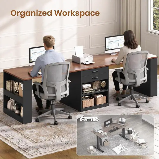 Alt view image 6 of 7 - 90.5" 2 Person Computer Desk, Long Office Desk with Storage Drawers, Two Person Gaming Desk Writing Table with Storage for Home Office, Black