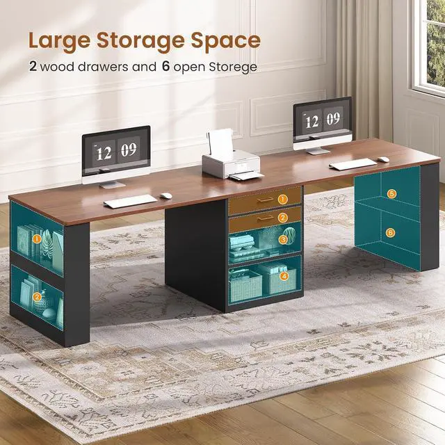 Alt view image 2 of 7 - 90.5" 2 Person Computer Desk, Long Office Desk with Storage Drawers, Two Person Gaming Desk Writing Table with Storage for Home Office, Black