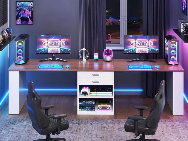 Alt view image 6 of 7 - 90.5" 2 Person Computer Desk with Drawers, Long Office Desk with Storage Shelves, Two Person Gaming Desk Writing Table for Home Office, White