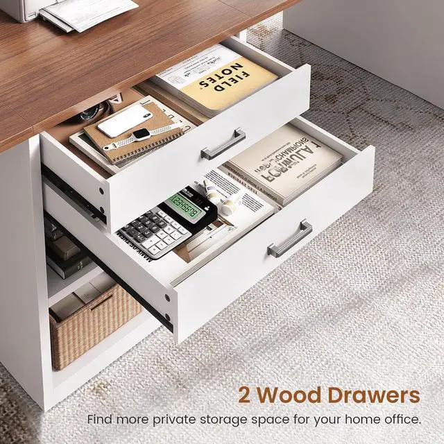Alt view image 7 of 7 - 90.5" 2 Person Computer Desk with Drawers, Long Office Desk with Storage Shelves, Two Person Gaming Desk Writing Table for Home Office, White