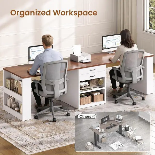 Alt view image 3 of 7 - 90.5" 2 Person Computer Desk with Drawers, Long Office Desk with Storage Shelves, Two Person Gaming Desk Writing Table for Home Office, White