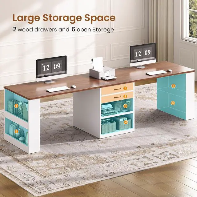 Alt view image 2 of 7 - 90.5" 2 Person Computer Desk with Drawers, Long Office Desk with Storage Shelves, Two Person Gaming Desk Writing Table for Home Office, White