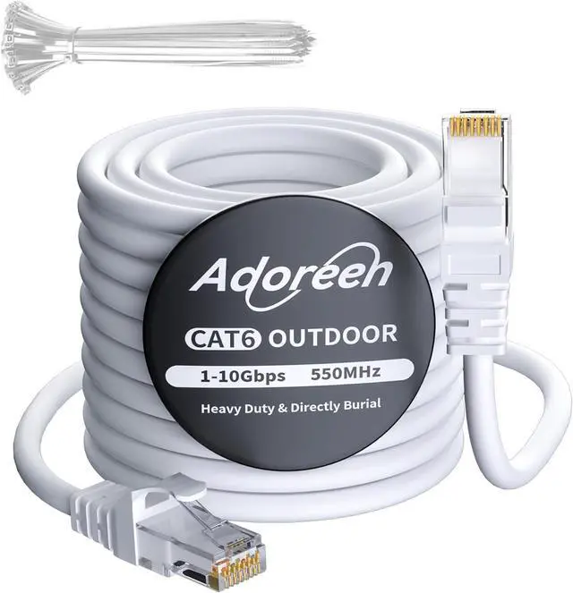 Main image of Cat 6 Outdoor Ethernet Cable 25 Ft White, High Speed Heavy Duty Long Internet Network Cable for POE Camera Cat 5 5e RJ45 LAN Patch Cable Cord, Sturdy Waterproof Direct Burial+25 Ties