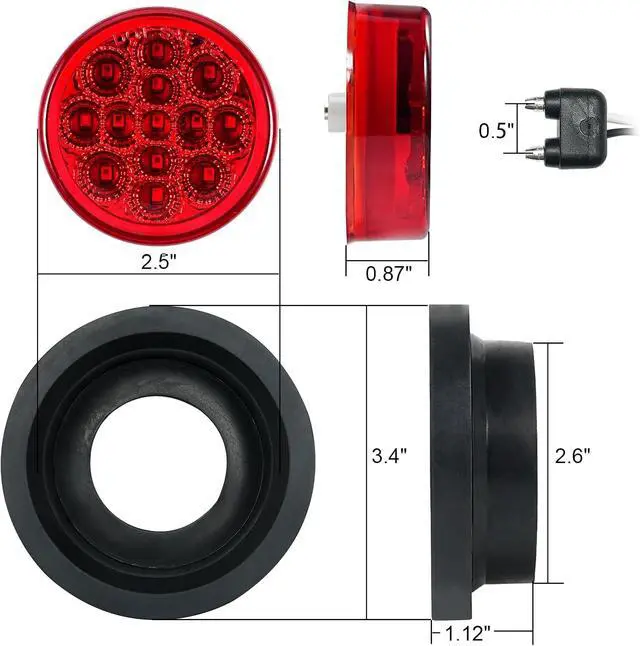 Alt view image 3 of 6 - 2.5" Red Round 13 LED Trailer Side Marker Clearance Lights 8 Pack | with Light Grommet and 2-prong Wire Pigtail for Trailer Truck RV, Flush Mount, 12V, IP67 Waterproof