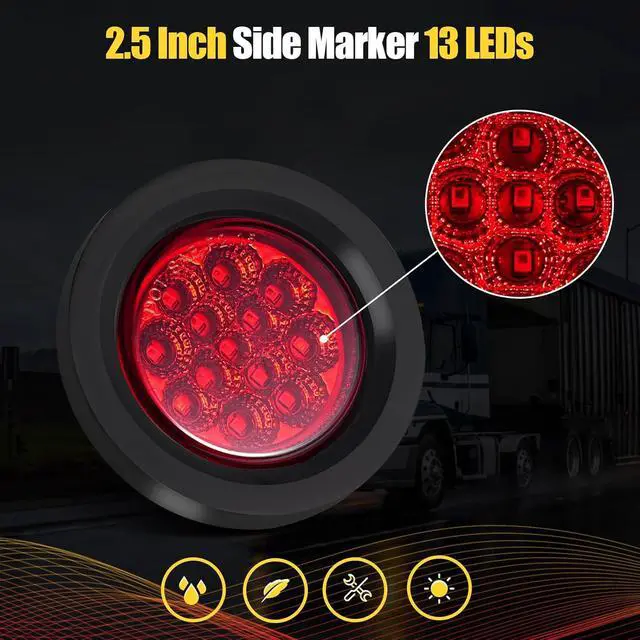 Alt view image 2 of 6 - 2.5" Red Round 13 LED Trailer Side Marker Clearance Lights 8 Pack | with Light Grommet and 2-prong Wire Pigtail for Trailer Truck RV, Flush Mount, 12V, IP67 Waterproof