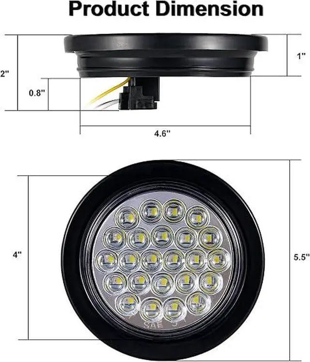 Alt view image 3 of 6 - Pack of 4 4 Inch LED Round Trailer Brake Reverse Lights | 24 LED Red Stop/Turn Signal Tail Lights & White Back-up Lights for Trailer Truck with 3 Prong Wire Pigtails