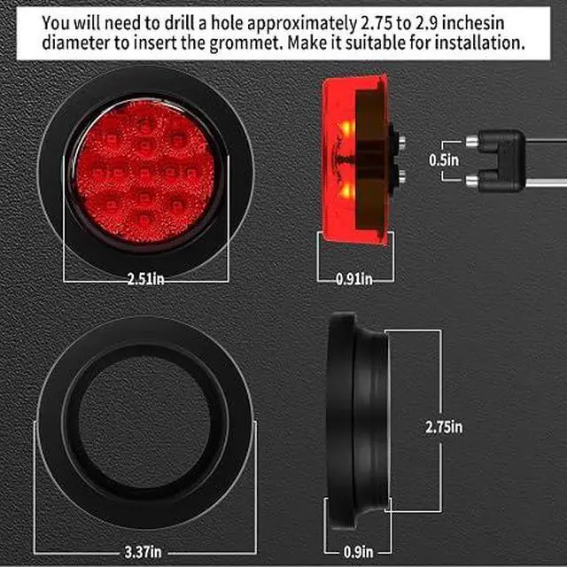 Alt view image 4 of 7 - 10Pcs (5 Amber & 5 Red) 2.5" inch Round 13 LED Trailer Marker Light Grommet Flush Mount, Sealed IP67 Waterproof 2.5" Clearance Light with Reflex Lens 12V for Truck RV Boat Camper Vans etc