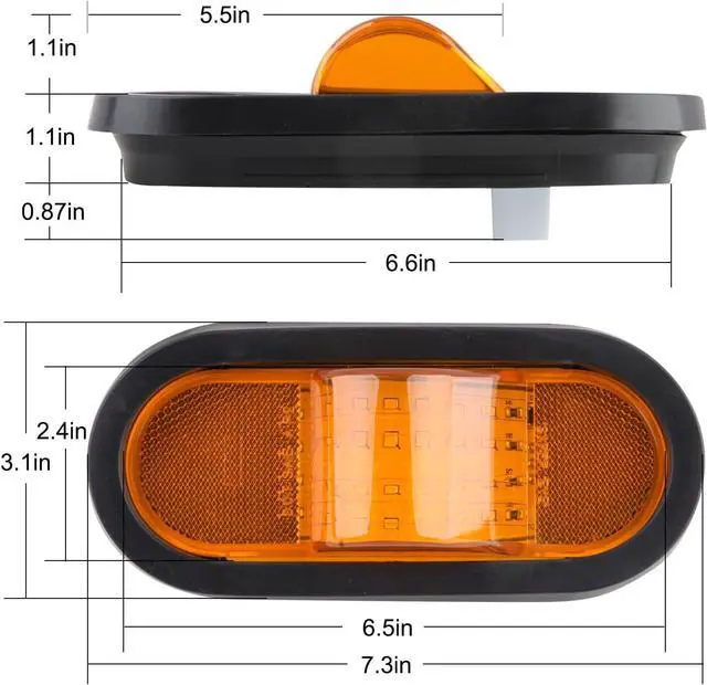 Alt view image 3 of 5 - 2Pcs 6.5" Inch Oval LED Side Marker Lights and Mid Ship Turn Signal Amber | 6 Inch Oval Led Trailer Mid Turn Marker Lights Reflectorized Reflex Lens, Oval Rubber Grommet Sealed w/3 Prong Wire Pigtails