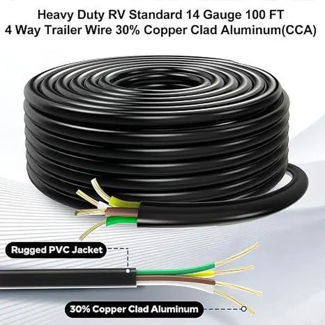 Alt view image 2 of 7 - 100FT 14 Gauge 4 Wire Trailer Wire CCA Cable for Trailer Lights | Copper Clad Aluminum Wire, Color Coded, Flexible Jacket, Replacement Wiring for RV Boat Utility Trailers