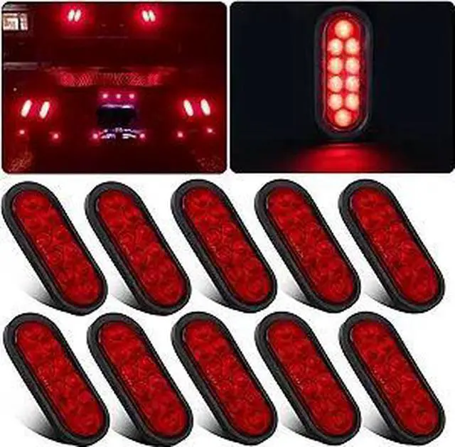 Main image of 6 Inch Oval LED Trailer Tail Lights 10 LED, 10Pcs Trailer Truck Brake RED 6" Oval Led Stop Turn Tail Lights Sealed Flush Mount Waterproof w/Rubber Grommets 3 Prong Wire Plug Pigtails 12V | Trailer Tru