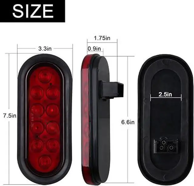 Alt view image 5 of 6 - 6 Inch Oval LED Trailer Tail Lights 10 LED, 10Pcs Trailer Truck Brake RED 6" Oval Led Stop Turn Tail Lights Sealed Flush Mount Waterproof w/Rubber Grommets 3 Prong Wire Plug Pigtails 12V | Trailer Tru