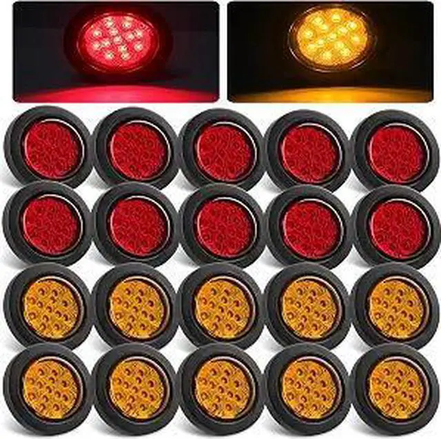 Main image of 2.5" Round LED Trailer Marker Lights 13 LEDs w/Reflectors 10 Amber + 10 Red | 2 1/2" Round LED Marker Lights Truck RV Side Clearance Marker Lights Sealed Flush Grommets Mount w/2 Prong Wire Pigtails