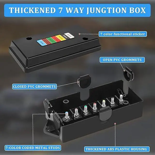 Alt view image 4 of 7 - 2 Set 7 Way Trailer Junction Box Weatherproof 7 Gang Color Coded Solid Studs Electrical 7 Way Trailer Wire Junction Box 7 Pole Waterproof for RV Camper Caravans Boat Rewiring - Black