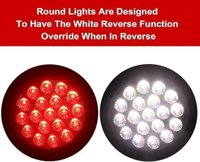 Alt view image 2 of 7 - 4Pcs 4" Round Red Stop Turn Tail Lights to White Back-up Lights 19 LED, 4 Inch Round Red/White Dual Trailer Truck Tail Lights with Rubber Grommet and 3 Prong Wire Pigtails IP67 Waterproof | 4Pcs 4" In