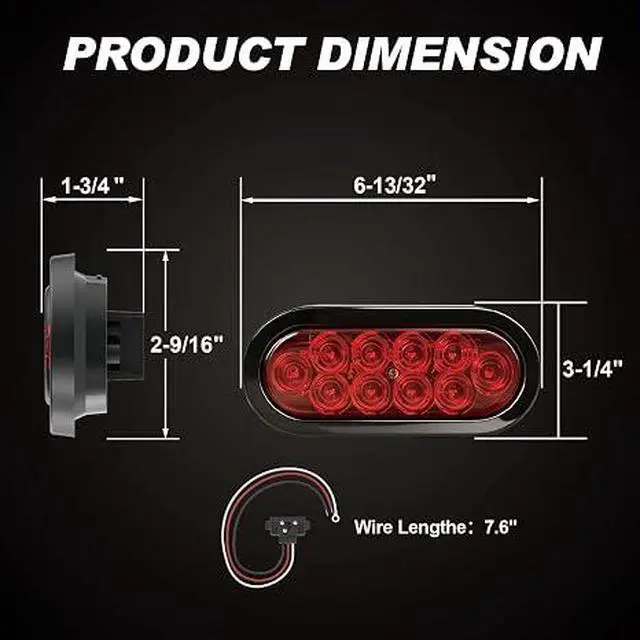Alt view image 5 of 7 - 6" Oval LED Trailer Lights, Red 4 Pack, 12V | 6-inch oval, 4 red, IP65 waterproof, 3-wire plug-and-play, stop/turn/tail, high brightness