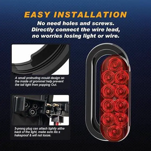 Alt view image 2 of 7 - 6" Oval LED Trailer Lights, Red 4 Pack, 12V | 6-inch oval, 4 red, IP65 waterproof, 3-wire plug-and-play, stop/turn/tail, high brightness