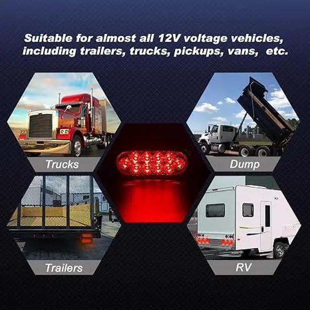 Alt view image 6 of 7 - 6" Oval LED Trailer Lights, Red 4 Pack, 12V | 6-inch oval, 4 red, IP65 waterproof, 3-wire plug-and-play, stop/turn/tail, high brightness