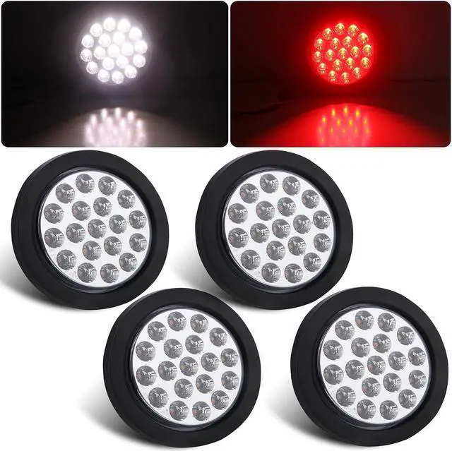 Main image of 4Pcs 4" Round Red Stop Turn Tail Lights to White Back-up Lights 19 LED, 4 Inch Round Red/White Dual Trailer Truck Tail Lights with Rubber Grommet and 3 Prong Wire Pigtails IP67 Waterproof | 4Pcs 4" In