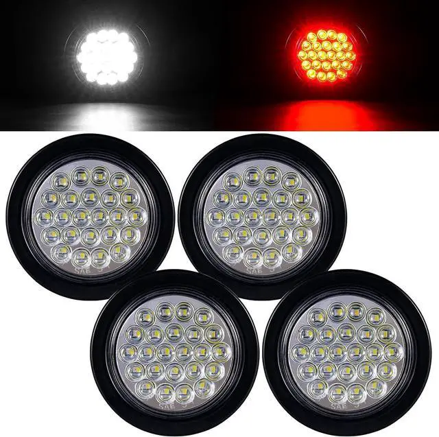 Main image of Pack of 4 4 Inch LED Round Trailer Brake Reverse Lights | 24 LED Red Stop/Turn Signal Tail Lights & White Back-up Lights for Trailer Truck with 3 Prong Wire Pigtails