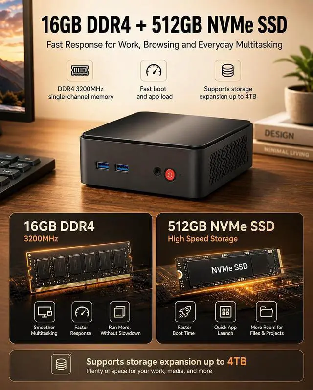 Alt view image 3 of 7 - Mini PC N100 16GB 512GB/Dual Display/2.5G LAN/WiFi6/BT5.2 for Office | Intel N100( 4C/4/T,up to 3.4 GHz,Beats 3500U/8250U/N95), Win 11,2 USB3.0,2USB2.0,Mini Desktop Computer /NAS/Pfsense/Streaming