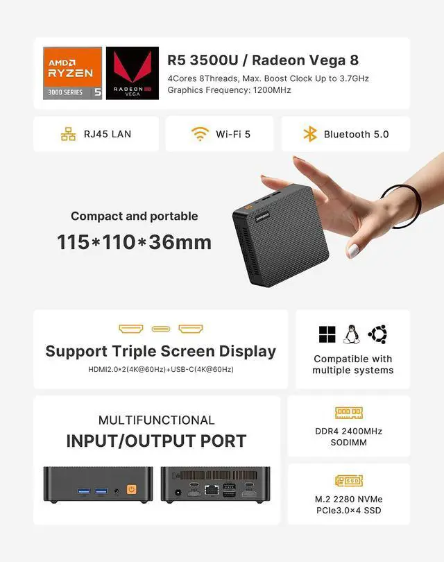 Alt view image 4 of 7 - Mini PC, AMD Ryzen 5 3500U (Up to 3.7GHz) | 8GB DDR4 256GB NVMe SSD, Triple 4K Display (Dual HDMI/Type-C), Micro Desktop Computer for Office Home Business HTPC