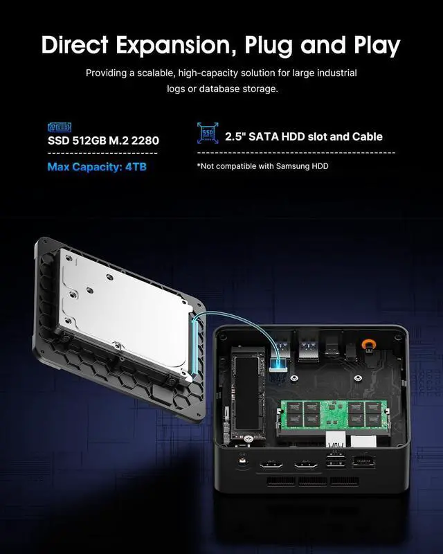 Alt view image 7 of 7 - Mini PC Intel Core i3-5005U, 8G RAM 512G SSD | 2 HDMI, Gigabit LAN, Wi-Fi 5, Win 10 OS, Home Office Mini Computer, Learning & Digital Signage & Thin Client Cloud