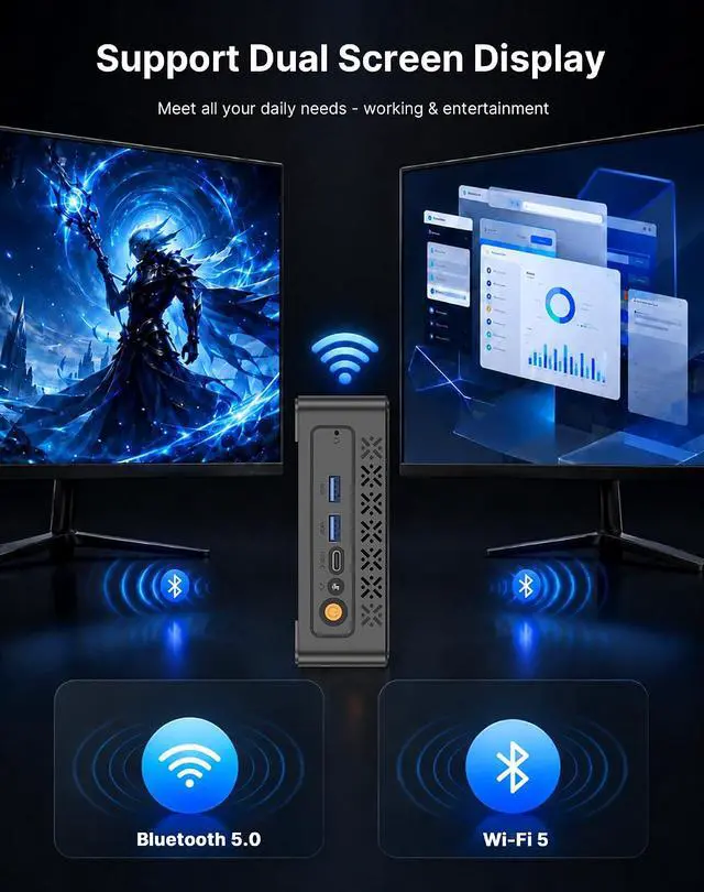 Alt view image 5 of 7 - Mini PC Intel Core i3-5005U, 8G RAM 512G SSD | 2 HDMI, Gigabit LAN, Wi-Fi 5, Win 10 OS, Home Office Mini Computer, Learning & Digital Signage & Thin Client Cloud
