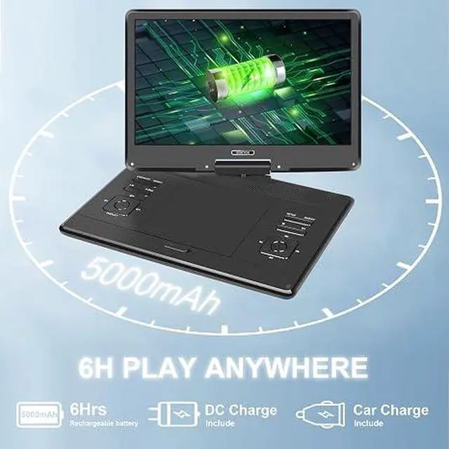 Alt view image 2 of 7 - 16.9" Portable DVD Player with 14.1 HD Swivel Screen, 6Hrs Play | DVD Player Portable with Dual Speaker, Last Memory, Support SYNC TV/USB/SD Card, Play All Discs Format Except Blu-ray, Black