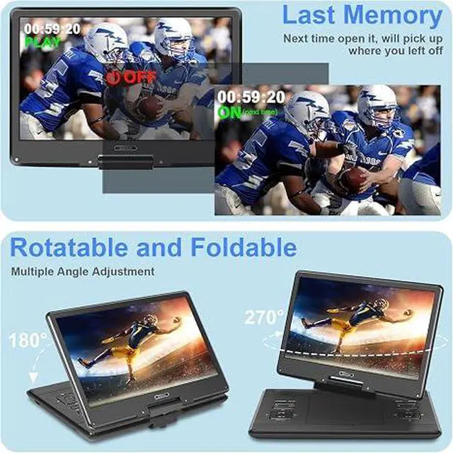 Alt view image 5 of 7 - 16.9" Portable DVD Player with 14.1 HD Swivel Screen, 6Hrs Play | DVD Player Portable with Dual Speaker, Last Memory, Support SYNC TV/USB/SD Card, Play All Discs Format Except Blu-ray, Black