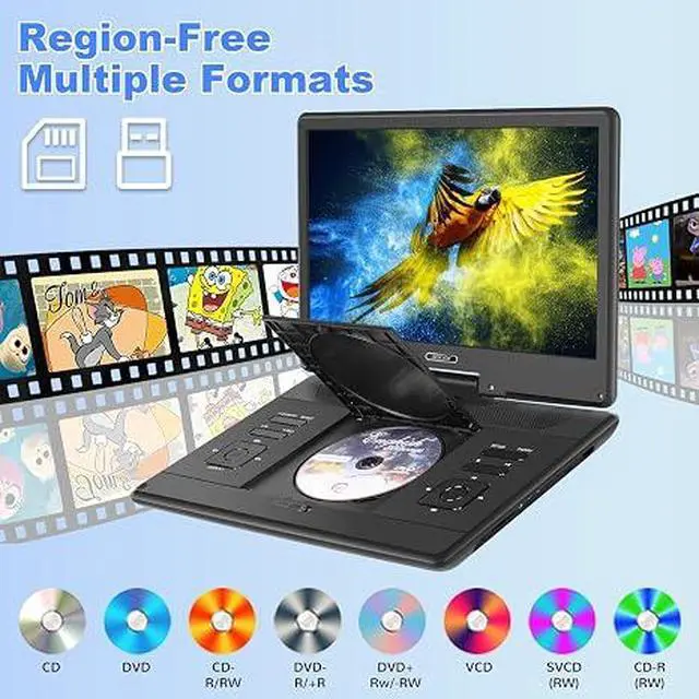 Alt view image 3 of 7 - 16.9" Portable DVD Player with 14.1 HD Swivel Screen, 6Hrs Play | DVD Player Portable with Dual Speaker, Last Memory, Support SYNC TV/USB/SD Card, Play All Discs Format Except Blu-ray, Black