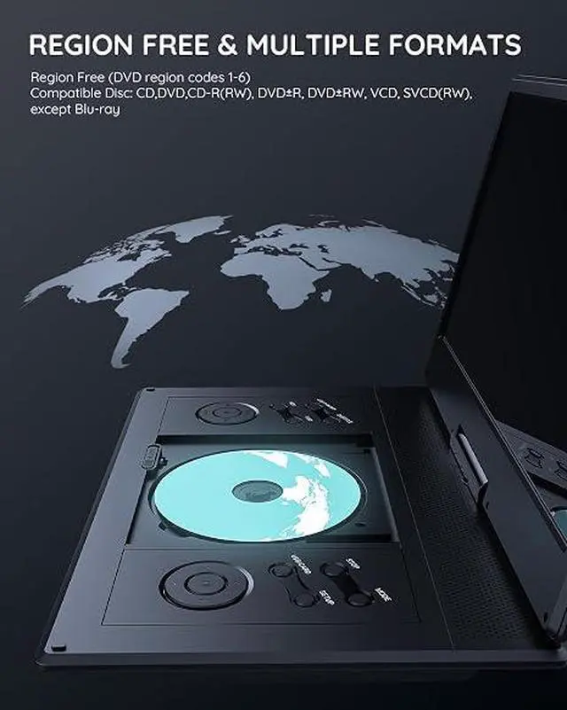 Alt view image 3 of 7 - 15.7" Portable DVD Player with 14.1" Large HD Screen, 6 Hrs Battery | For Road Trips & Family Travel, Rechargeable, Sync to TV, USB & SD Card, Multiple Disc Formats, High Volume Speaker