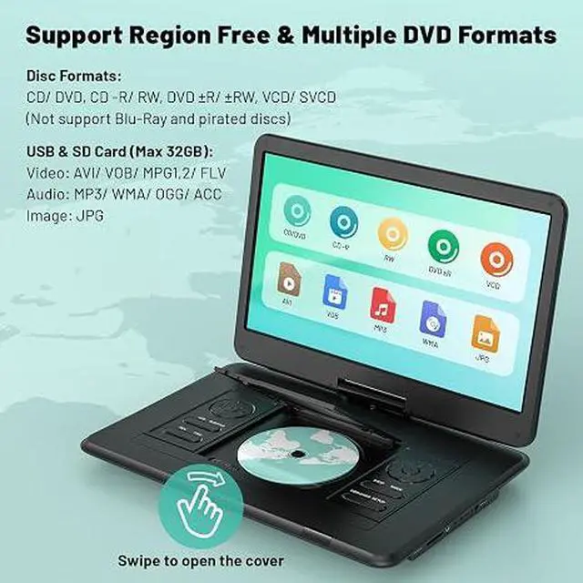 Alt view image 4 of 7 - 17.5 Portable DVD Player with 15.6 Large HD Screen-Black | 6 Hours Rechargeable Battery, Dual Speakers, Region Free, Remote Control, Support Multi-Format Sync TV, USB/SD