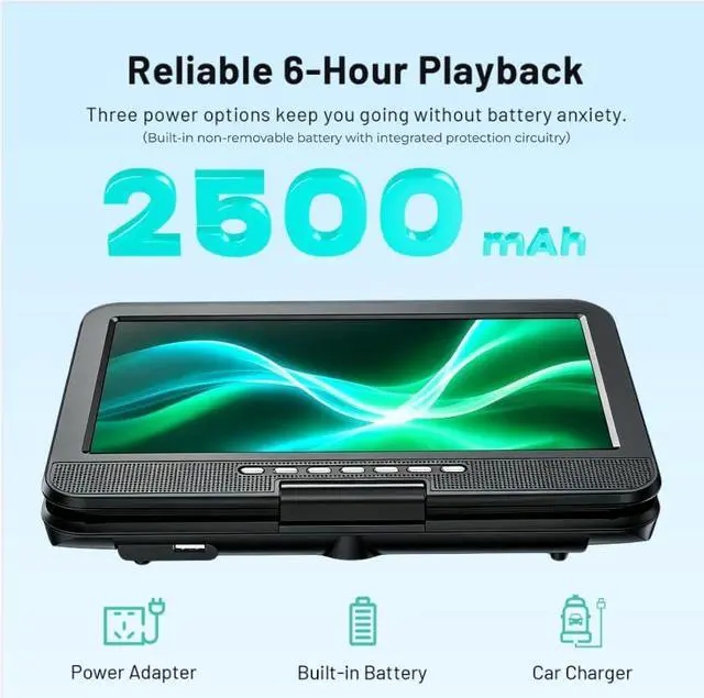 Alt view image 2 of 7 - 12.5" Portable DVD Player with 10.5" HD Swivel Screen - Black | Car DVD Player with Dual Speakers, Supports CD/DVD/USB/SD, 6-Hour Long Battery, Include Headrest Mount & Remote Control