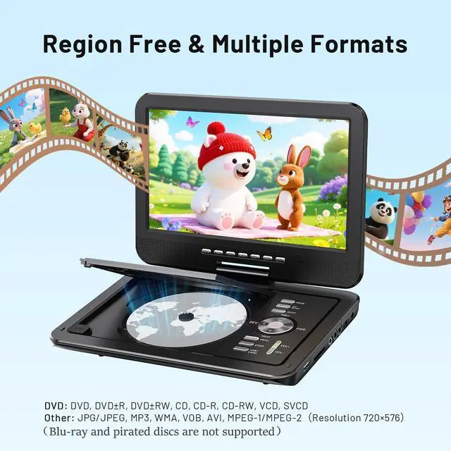 Alt view image 3 of 7 - 12.5" Portable DVD Player with 10.5" HD Swivel Screen - Black | Car DVD Player with Dual Speakers, Supports CD/DVD/USB/SD, 6-Hour Long Battery, Include Headrest Mount & Remote Control
