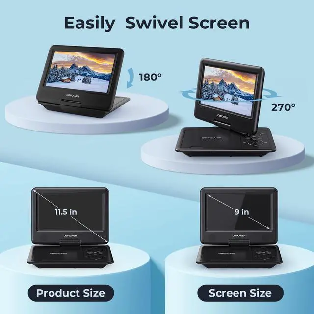 Alt view image 4 of 7 - 11.5" Portable DVD Player, 5-Hour Built-in Rechargeable Battery, 9" Swivel Screen, Support CD/DVD/SD Card/USB, Remote Control, 1.8 Meter Car Charger, Power Adaptor and Car Headrest (Black)