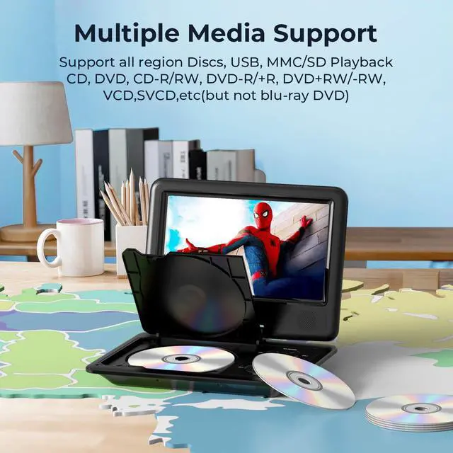 Alt view image 5 of 7 - 11.5" Portable DVD Player, 5-Hour Built-in Rechargeable Battery, 9" Swivel Screen, Support CD/DVD/SD Card/USB, Remote Control, 1.8 Meter Car Charger, Power Adaptor and Car Headrest (Black)