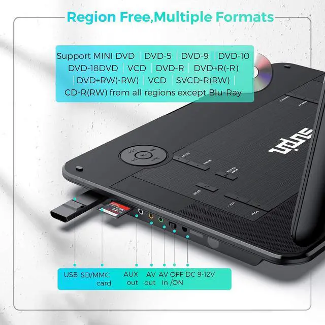 Alt view image 7 of 7 - Portable DVD Player for Car, 15.6" HD Swivel Screen, 5-Hour Battery | Flexible viewing for road trips and home use, featuring dual headphone jacks, USB/SD playback, TV sync