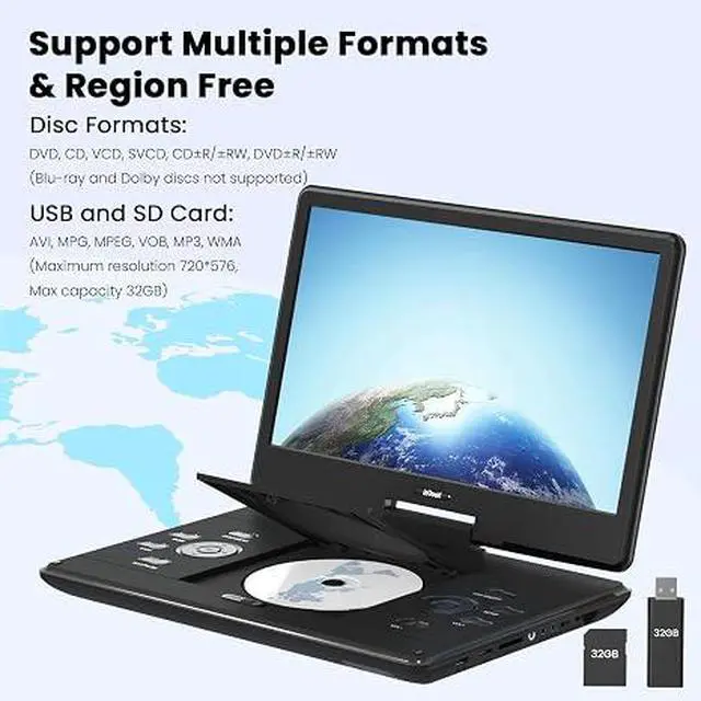 Alt view image 3 of 7 - 15.9" Portable DVD Player, 14.1" Large Screen, HDMI Input, Black | Home Entertainment, Kids & Seniors, 6-Hour Battery, TV Stick & Gaming Support, USB/SD Playback, Region Free, Resume Playback