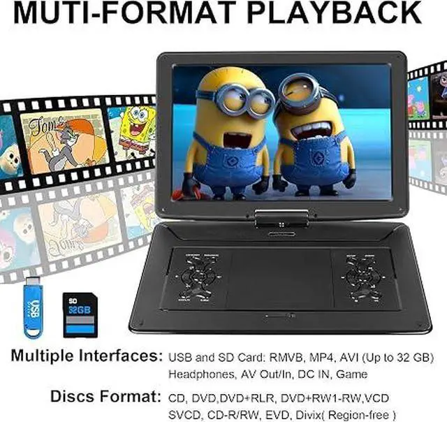 Alt view image 2 of 7 - 17.9" Portable DVD Player with 15.6" Large Screen, 6Hrs Play, Black | SYNC TV/USB/SD Card, DVD Player Portable with Dual Speakers, Last Memory, Play All Discs Format Except Blu-ray