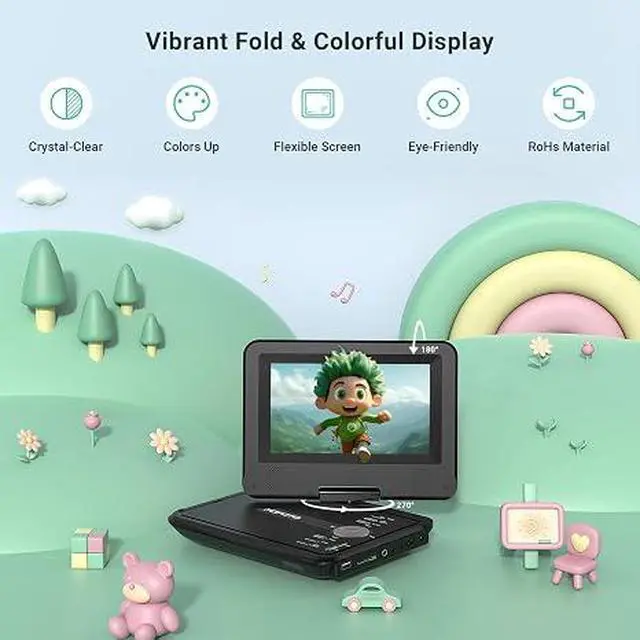 Alt view image 2 of 7 - 9.5" Portable DVD Player for Kids and Car with 7.5" Swivel Screen, 4-6 Hour Working Time, Car DVD Player with Dual Speakers, Remote Control, Support Sync TV, Region Free USB/SD/AV- Black