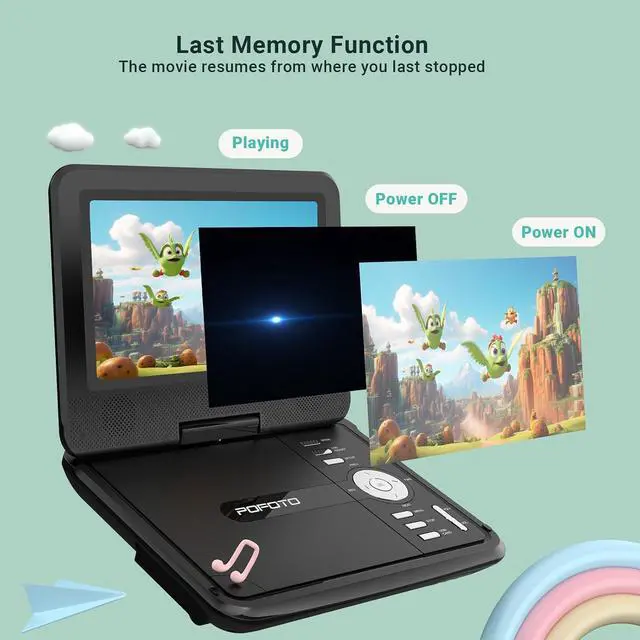 Alt view image 3 of 7 - 9.5" Portable DVD Player for Kids and Car with 7.5" Swivel Screen, 4-6 Hour Working Time, Car DVD Player with Dual Speakers, Remote Control, Support Sync TV, Region Free USB/SD/AV- Black