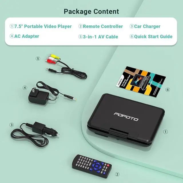 Alt view image 7 of 7 - 9.5" Portable DVD Player for Kids and Car with 7.5" Swivel Screen, 4-6 Hour Working Time, Car DVD Player with Dual Speakers, Remote Control, Support Sync TV, Region Free USB/SD/AV- Black