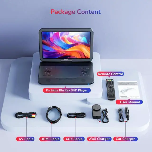 Alt view image 7 of 7 - 17.6" Portable Blu Ray DVD Player with 15.4" Large Screen, HDMI in/Out, Sync Screen, 4000mAh Rechargeable Battery, 1080P MP4 MKV Video, Surround Audio, USB/TF Card(Include HDMI Cable)