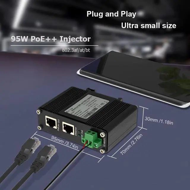 Alt view image 5 of 7 - Industrial Gigabit RJ45 IEEE802.3at/bt 95W PoE++ Injector | 10/100/1000M, IEEE802.3 af/at/bt, 12-48VDC Input, DIN-Rail, Industrial IP40 Al Case, -40°C to 75°C, 100m